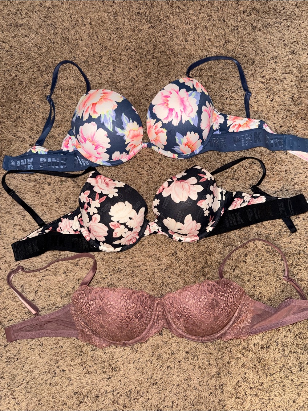 PINK Victoria's Secret Trio: Navy Floral, Black Floral & Mauve Lace Bras